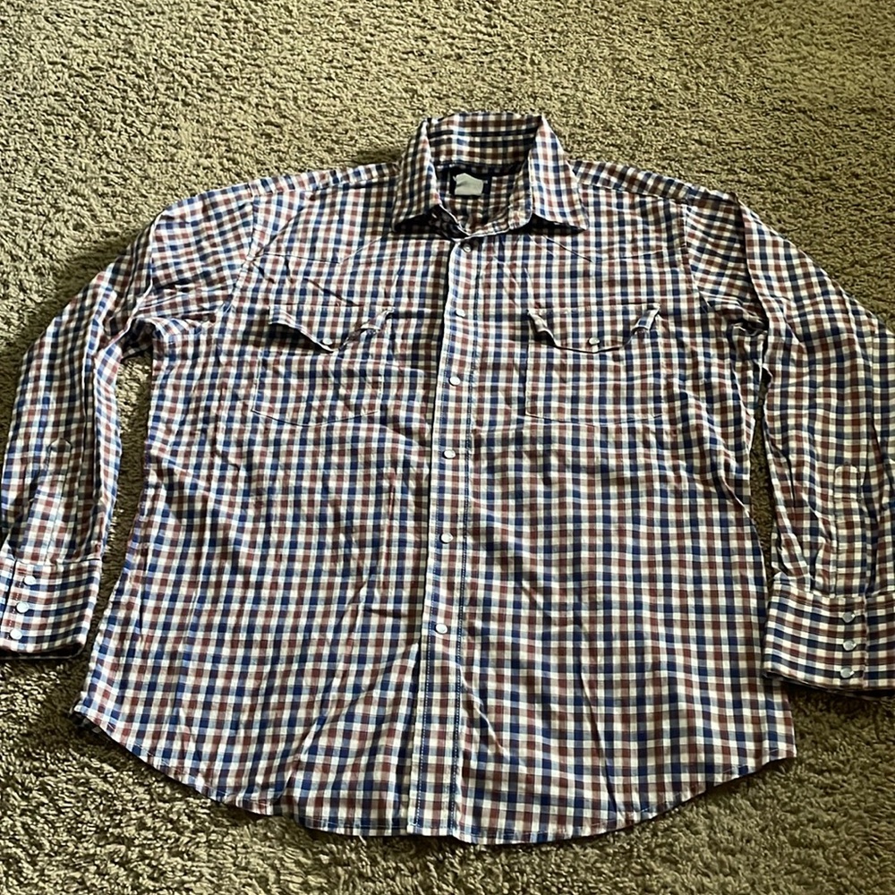 Men’s Wrangler brown/navy plaid long sleeve snap western shirt Sz XL?